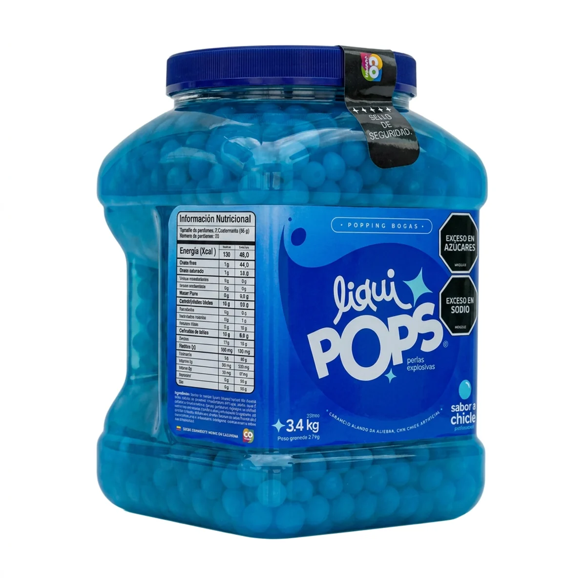 Tarro LiquiPops Chicle 3400g — perlas explosivas en almíbar, fondo blanco